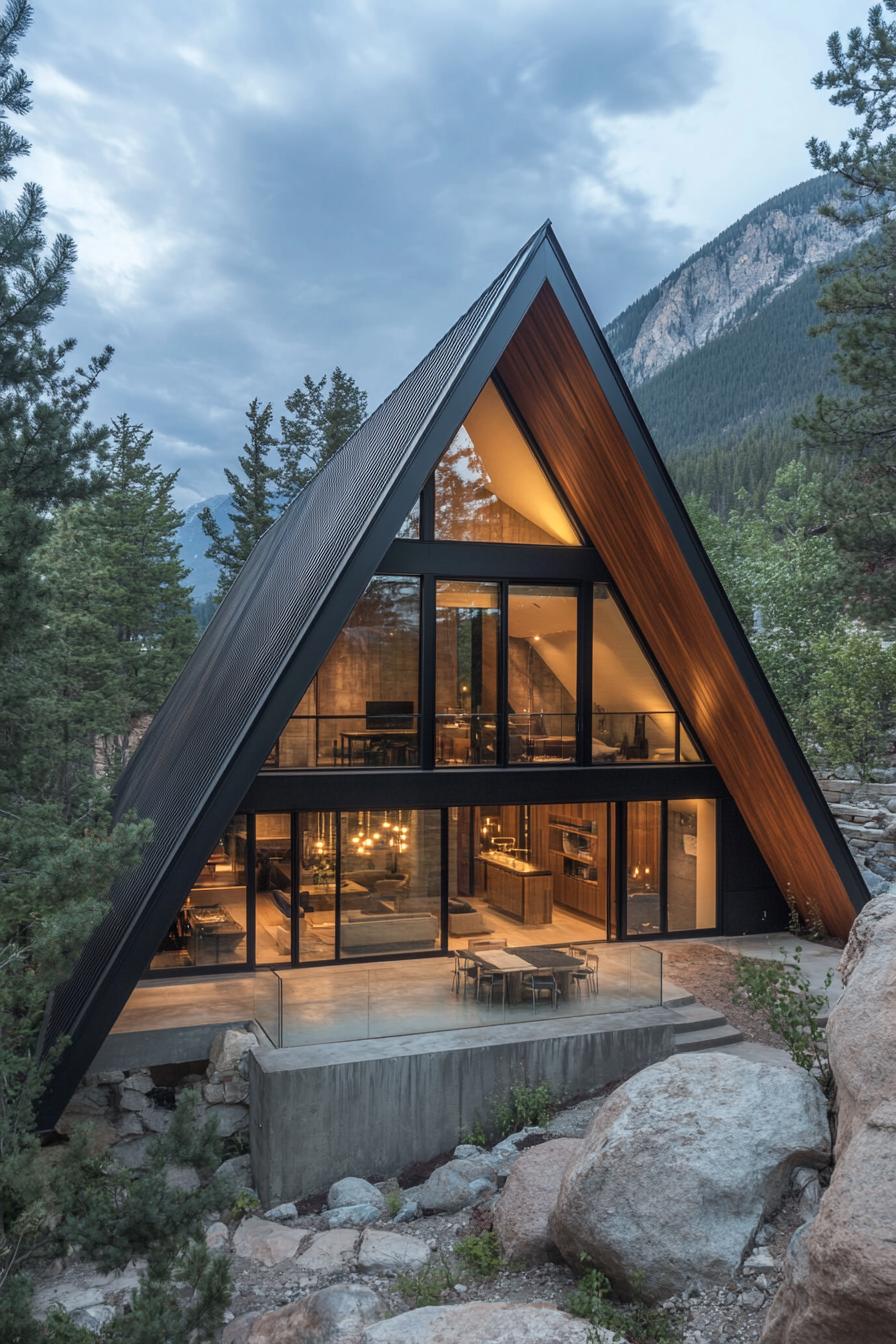 modern A frame house features a slanted roof with a central peak crafted from wood and metal. Large floor to ceiling glass windows dominate the 1