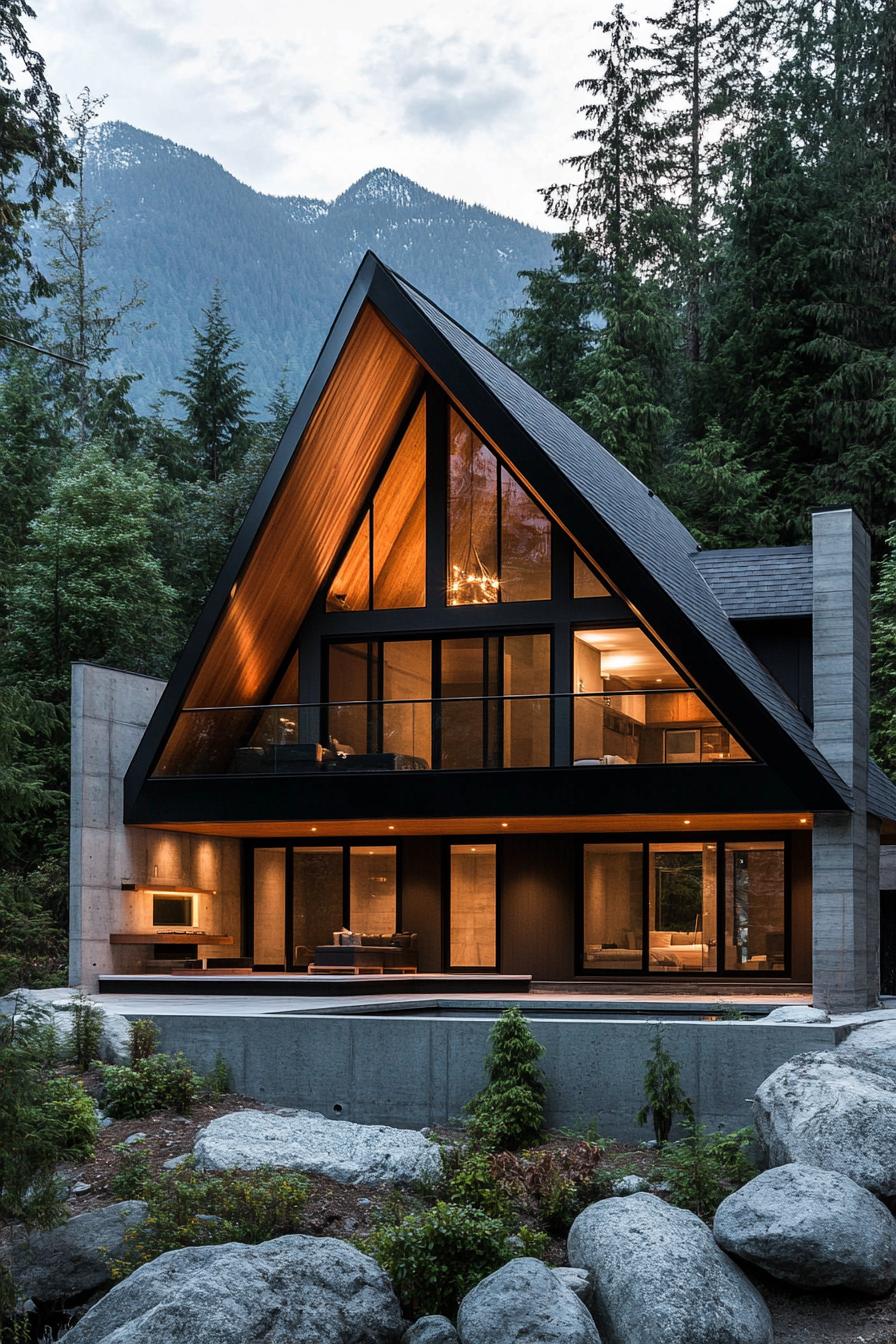 modern A frame house features a slanted roof with a central peak crafted from wood and metal. Large floor to ceiling glass windows dominate the 2