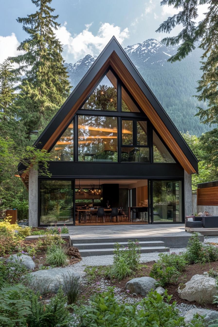 modern A frame house features a slanted roof with a central peak crafted from wood and metal. Large floor to ceiling glass windows dominate the 3