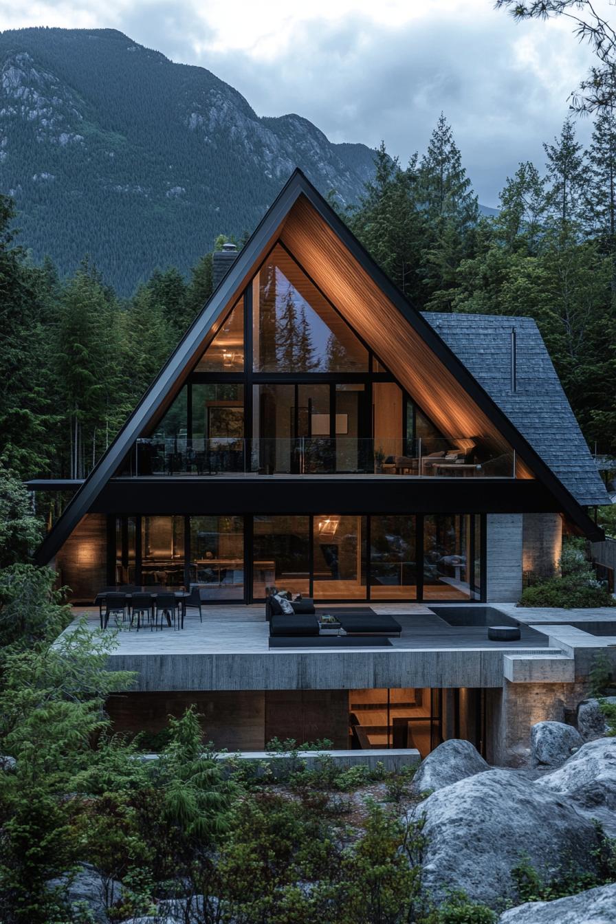 modern A frame house features a slanted roof with a central peak crafted from wood and metal. Large floor to ceiling glass windows dominate the