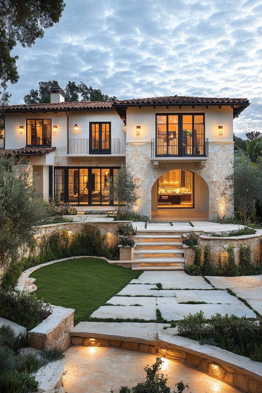 modern Californian house mediterranean style facade with stone retaining walls and stone pathways 1