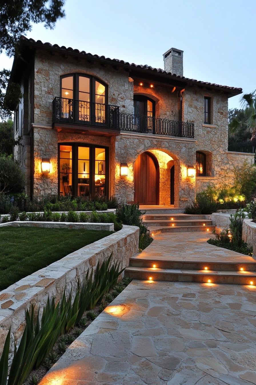 modern Californian house mediterranean style facade with stone retaining walls and stone pathways 2