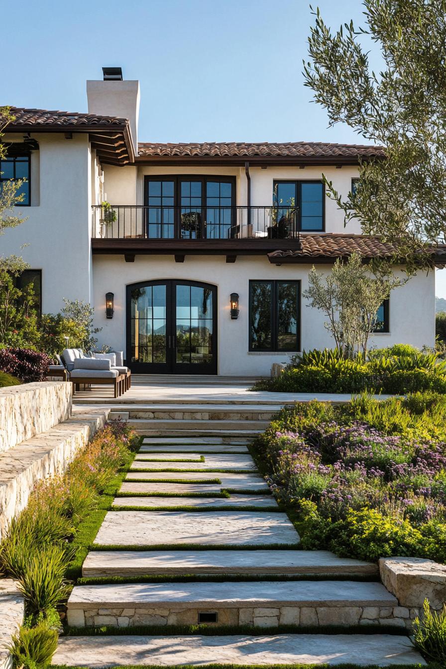 modern Californian house mediterranean style facade with stone retaining walls and stone pathways 3