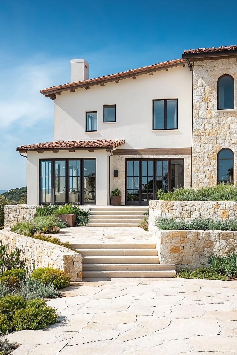 modern Californian house mediterranean style facade with stone retaining walls and stone pathways