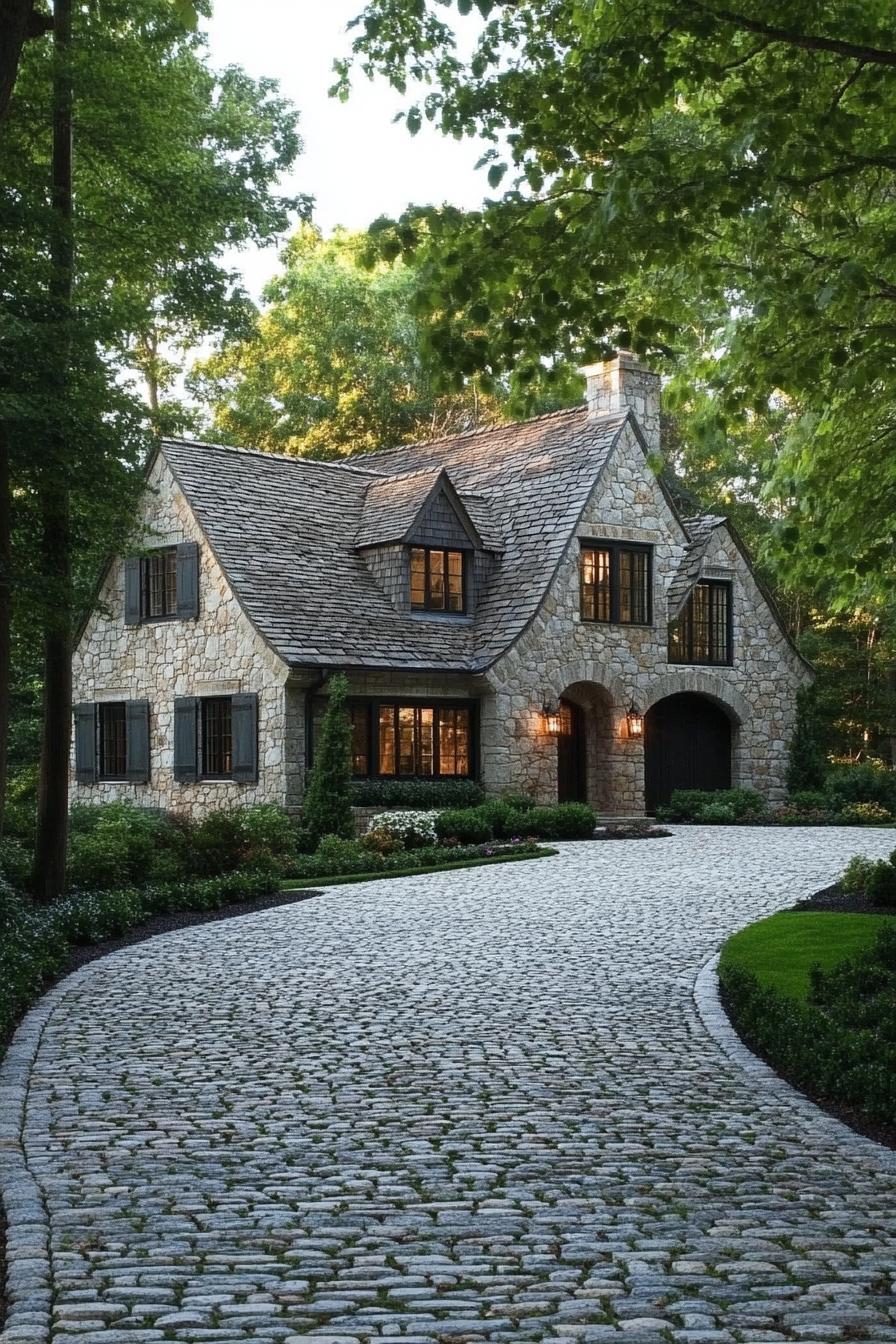 modern English cottage front yard with cobblestone driveway lined with trees 1