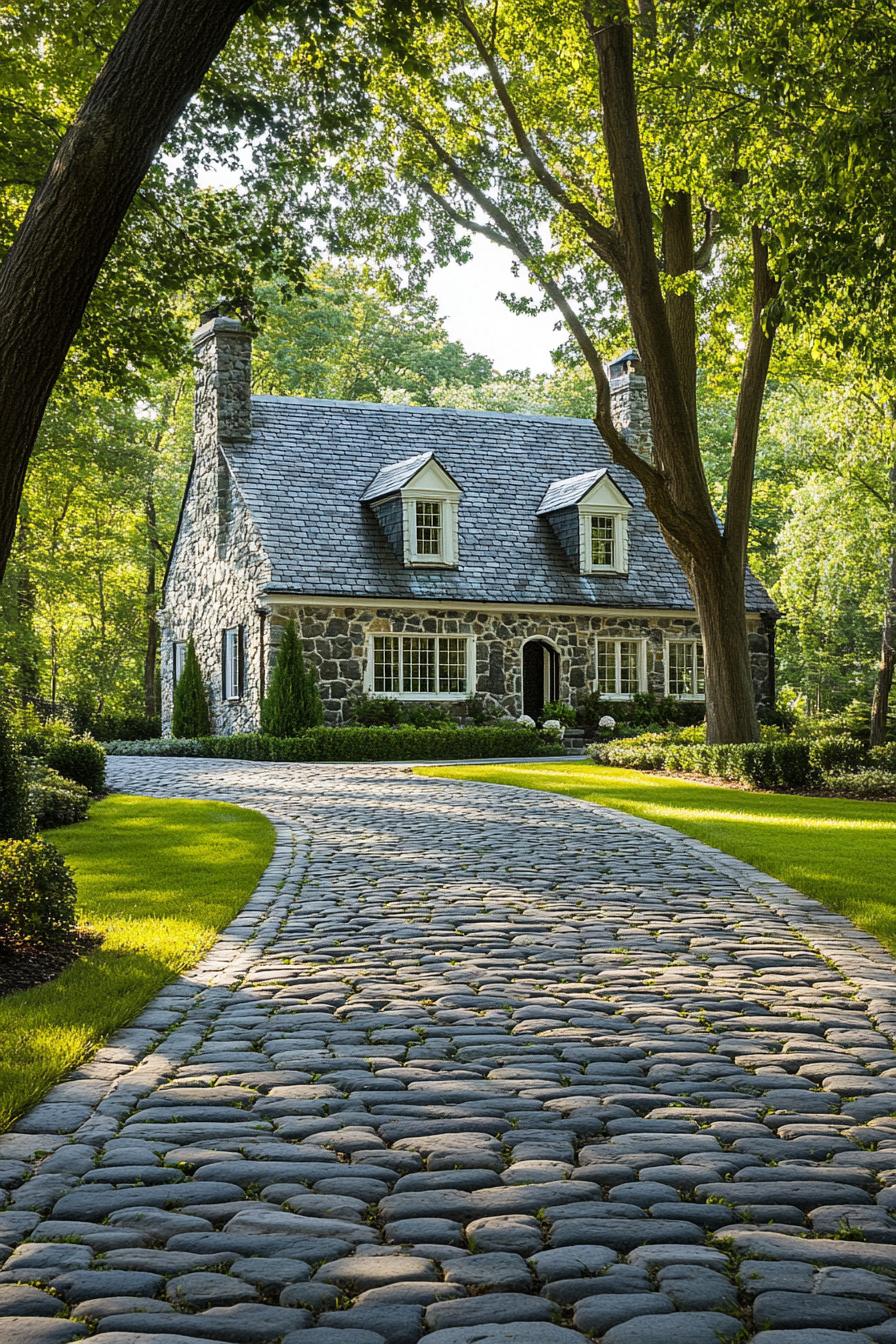 modern English cottage front yard with cobblestone driveway lined with trees 2