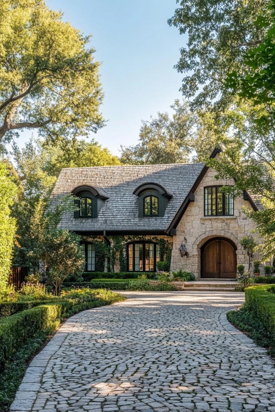 modern English cottage front yard with cobblestone driveway lined with trees 3