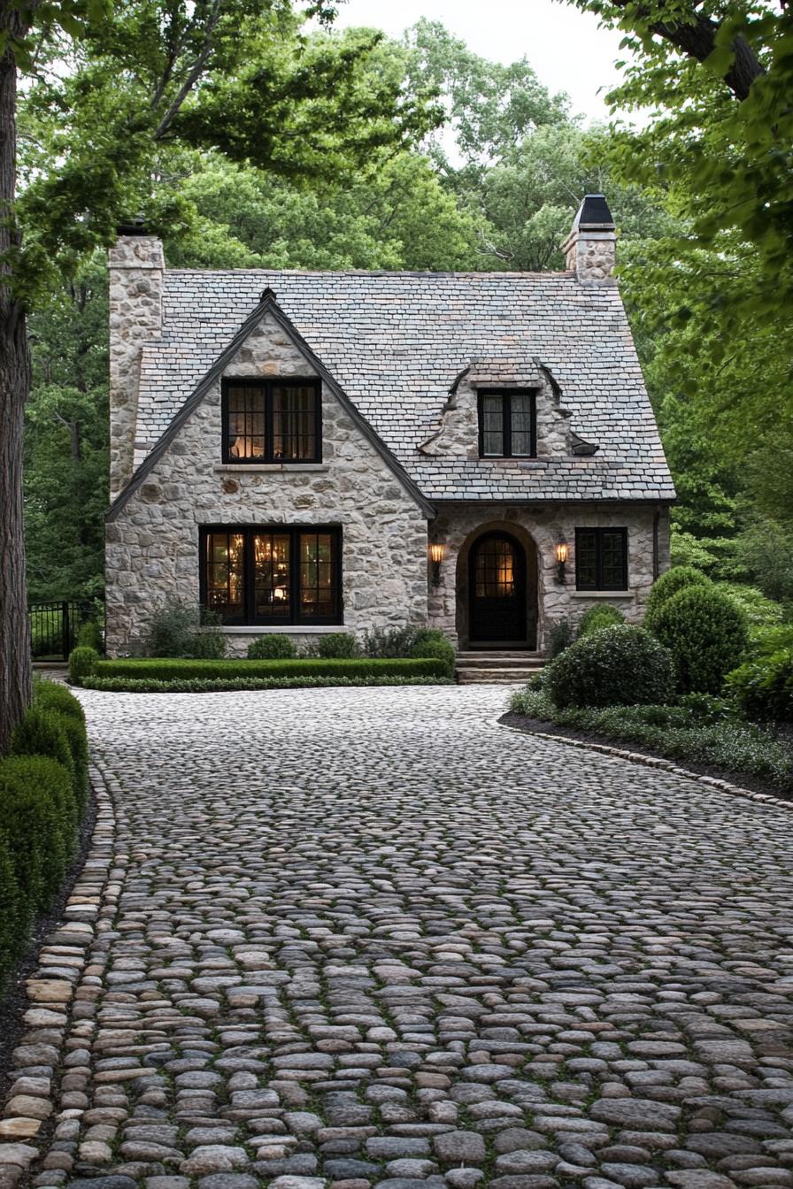 modern English cottage front yard with cobblestone driveway lined with trees