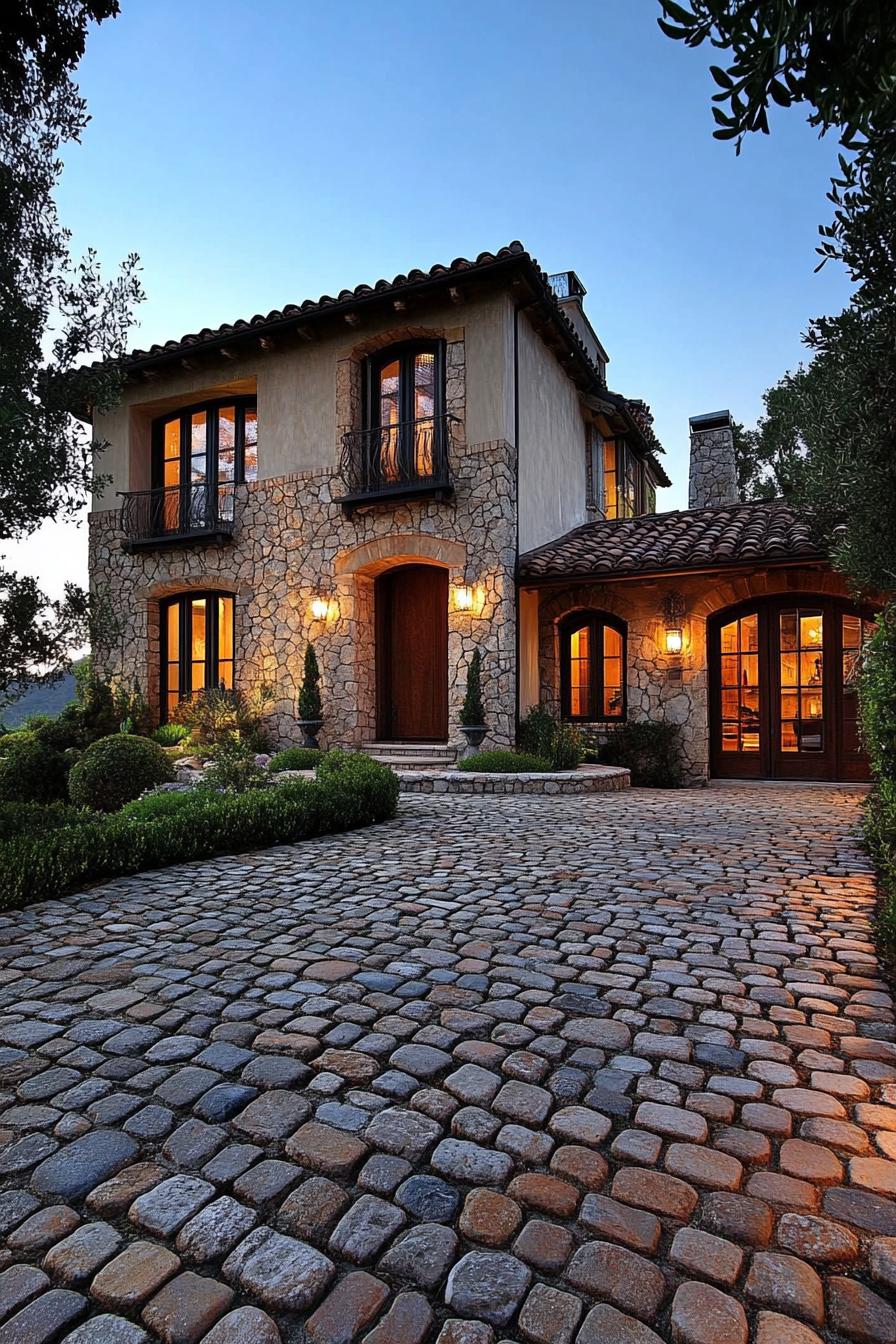 modern French mediterranean house cobblestone driveway 1