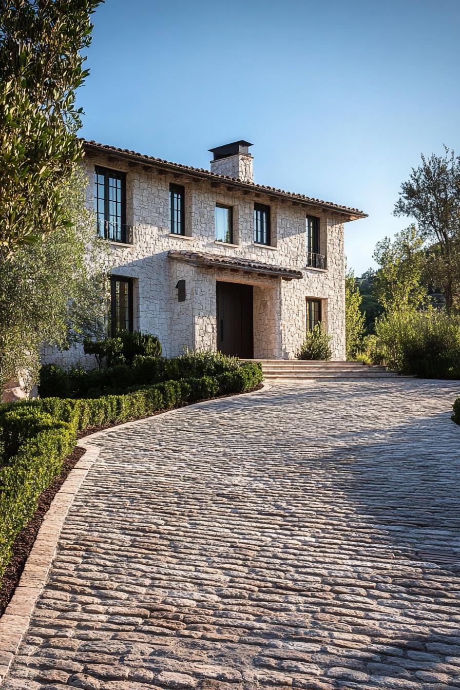 modern French mediterranean house cobblestone driveway 2