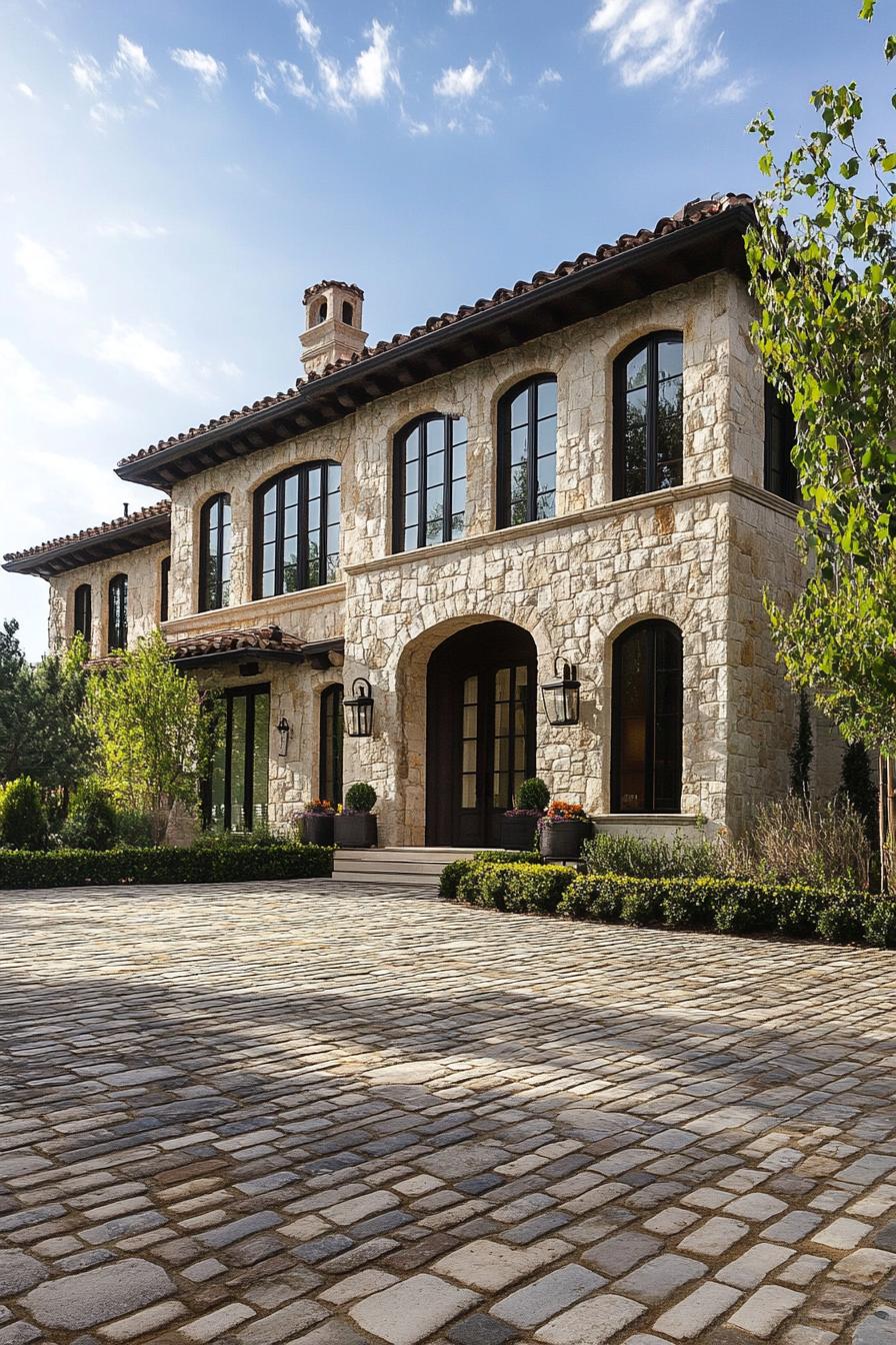 modern French mediterranean house cobblestone driveway 3