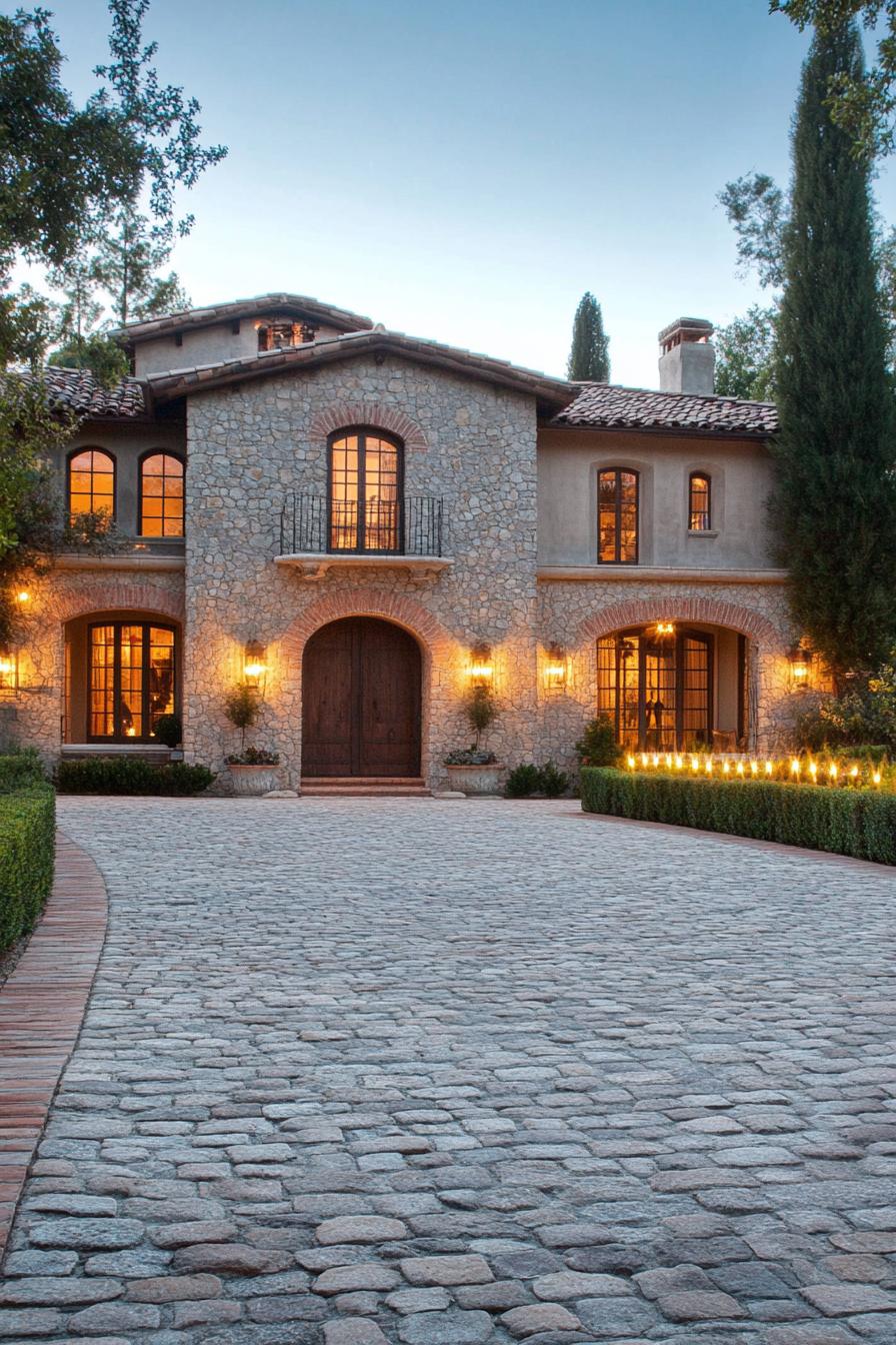 modern French mediterranean house cobblestone driveway