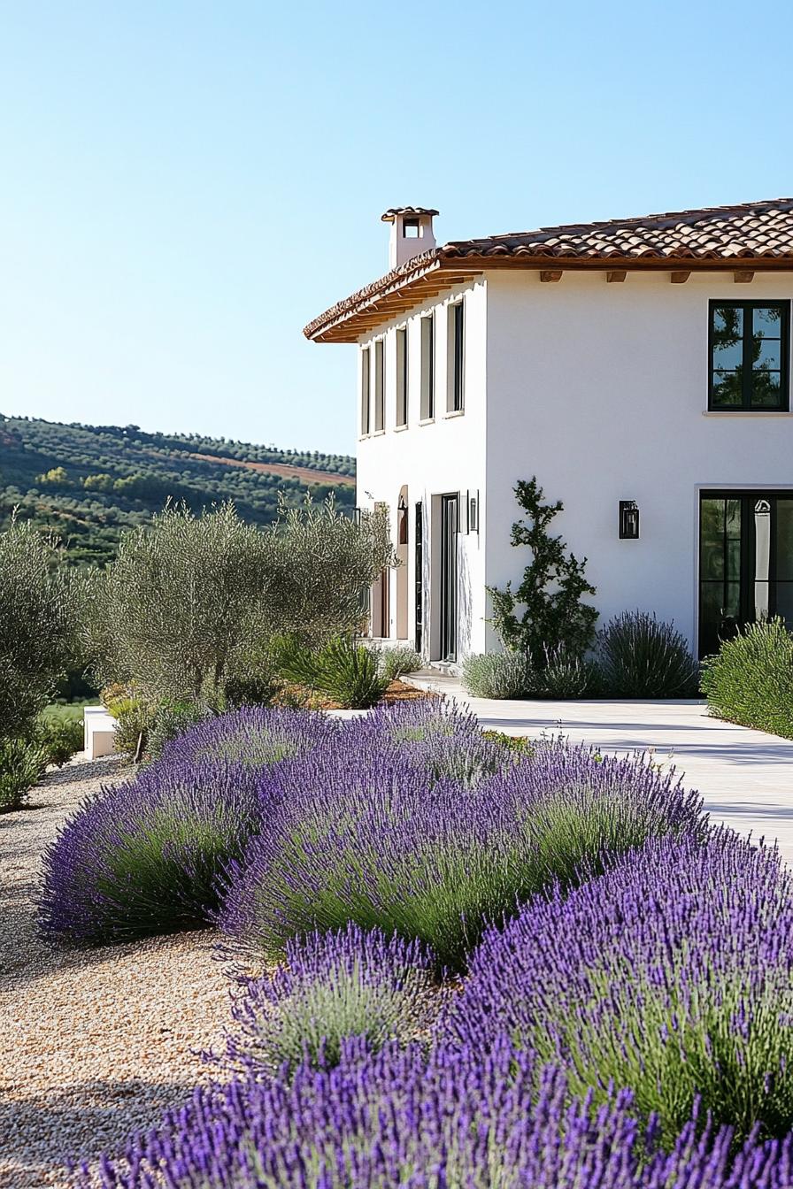 modern Italian mediterranean house frontyard veggie garden with lavender lining and olive trees 1