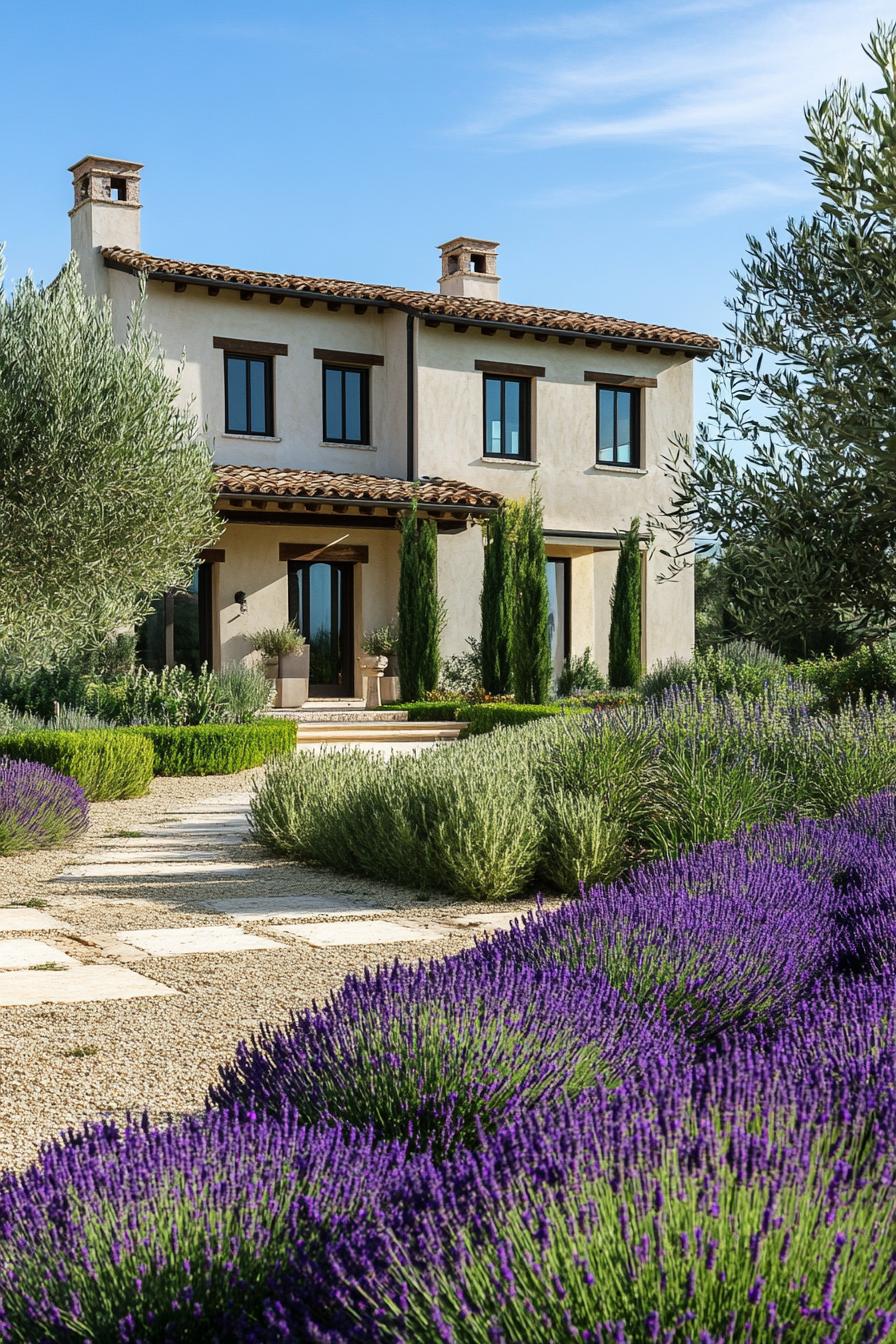 modern Italian mediterranean house frontyard veggie garden with lavender lining and olive trees 2