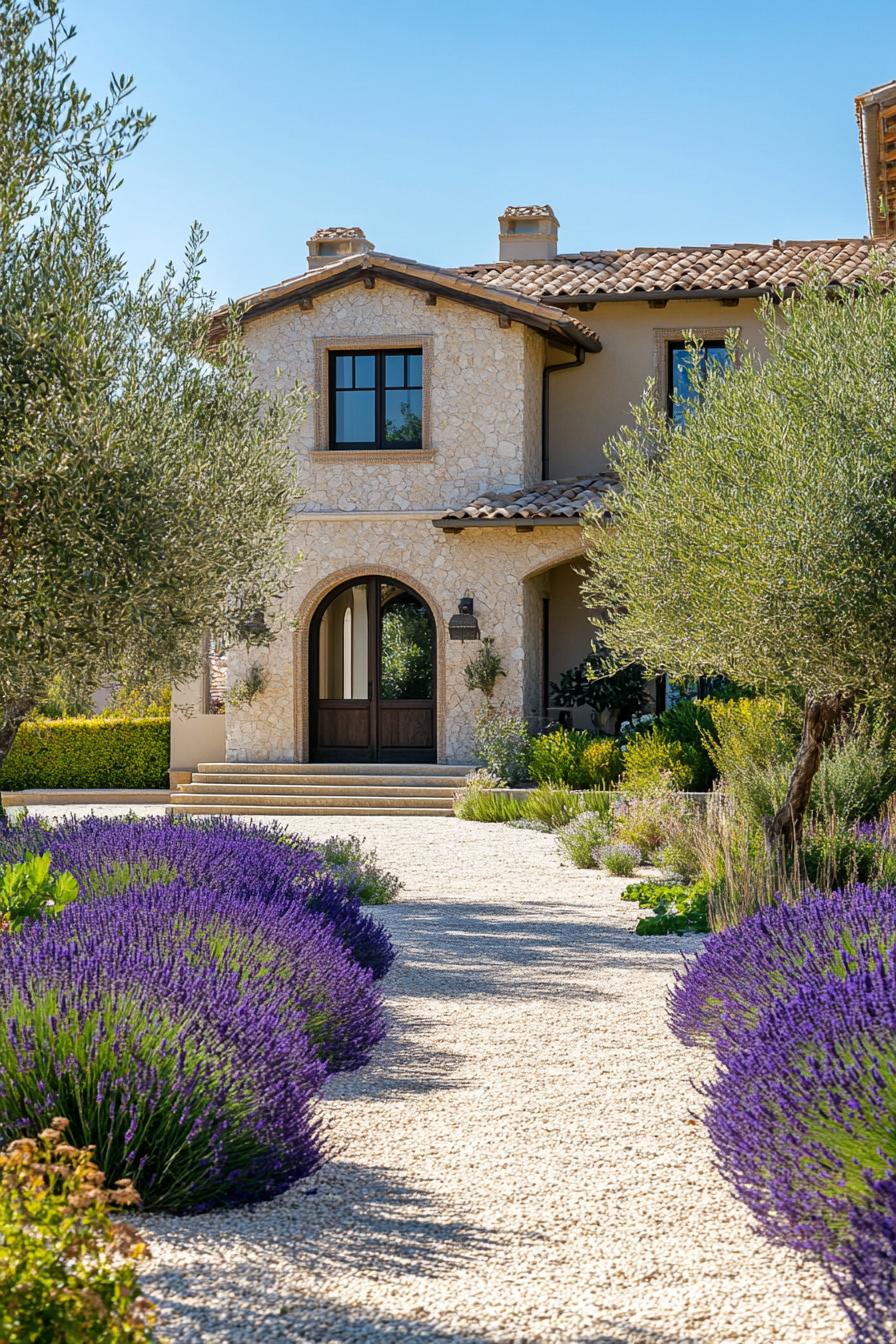 modern Italian mediterranean house frontyard veggie garden with lavender lining and olive trees 3