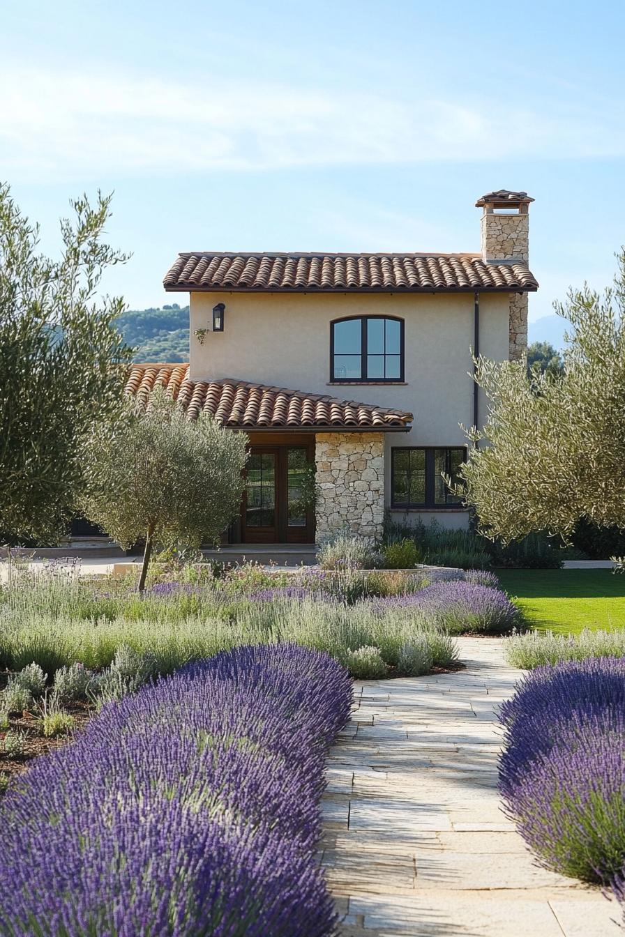 modern Italian mediterranean house frontyard veggie garden with lavender lining and olive trees