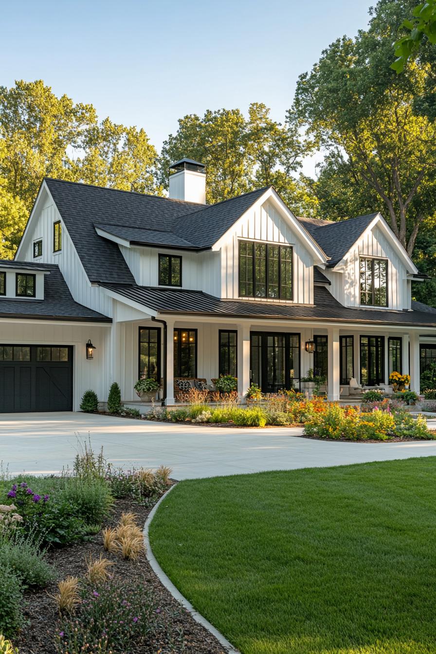 modern L shaped large farmhouse in white board and batten siding black shingled multi pitched roof with gambrels large porch with columns modern 1