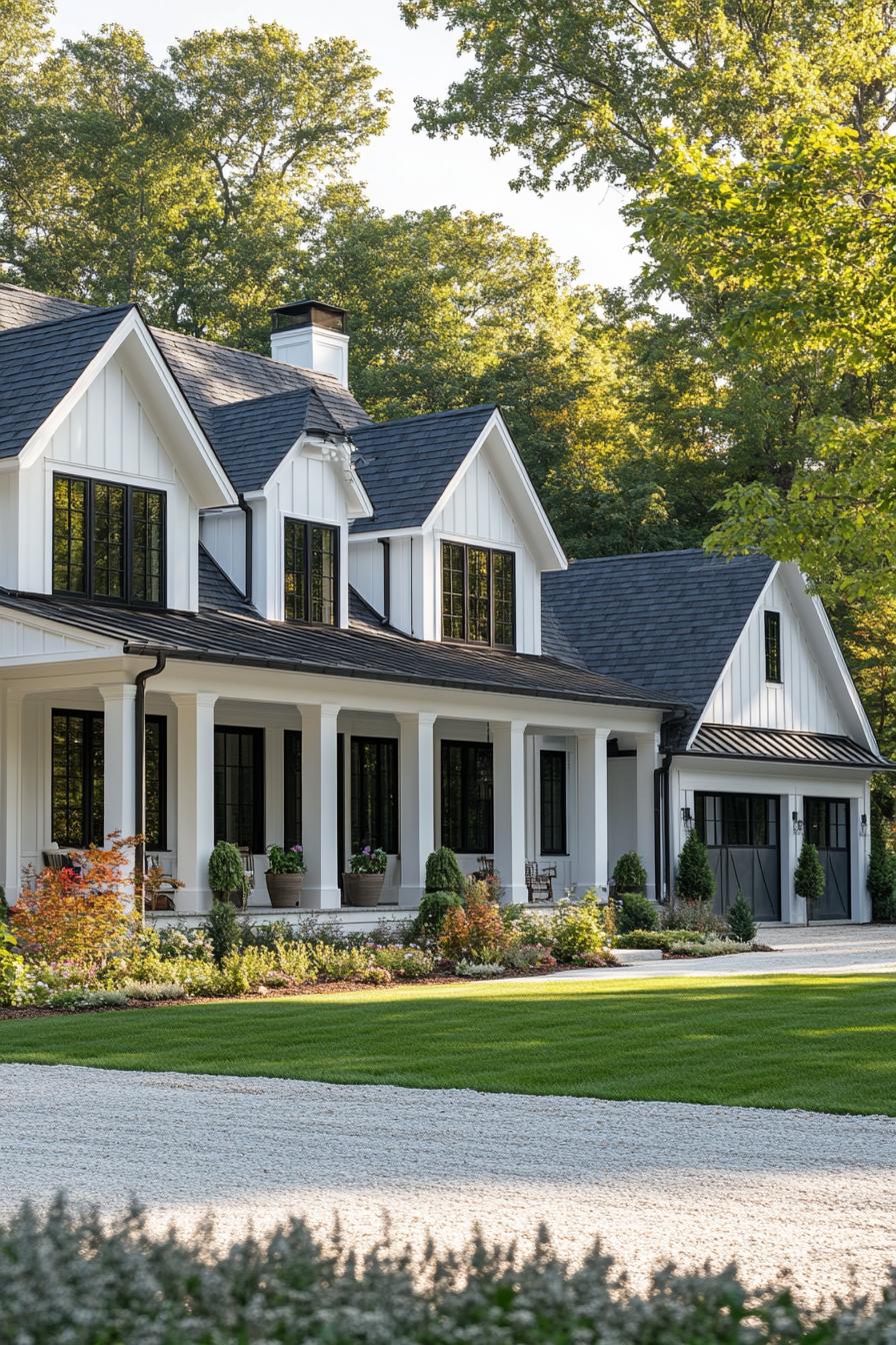 modern L shaped large farmhouse in white board and batten siding black shingled multi pitched roof with gambrels large porch with columns modern 2