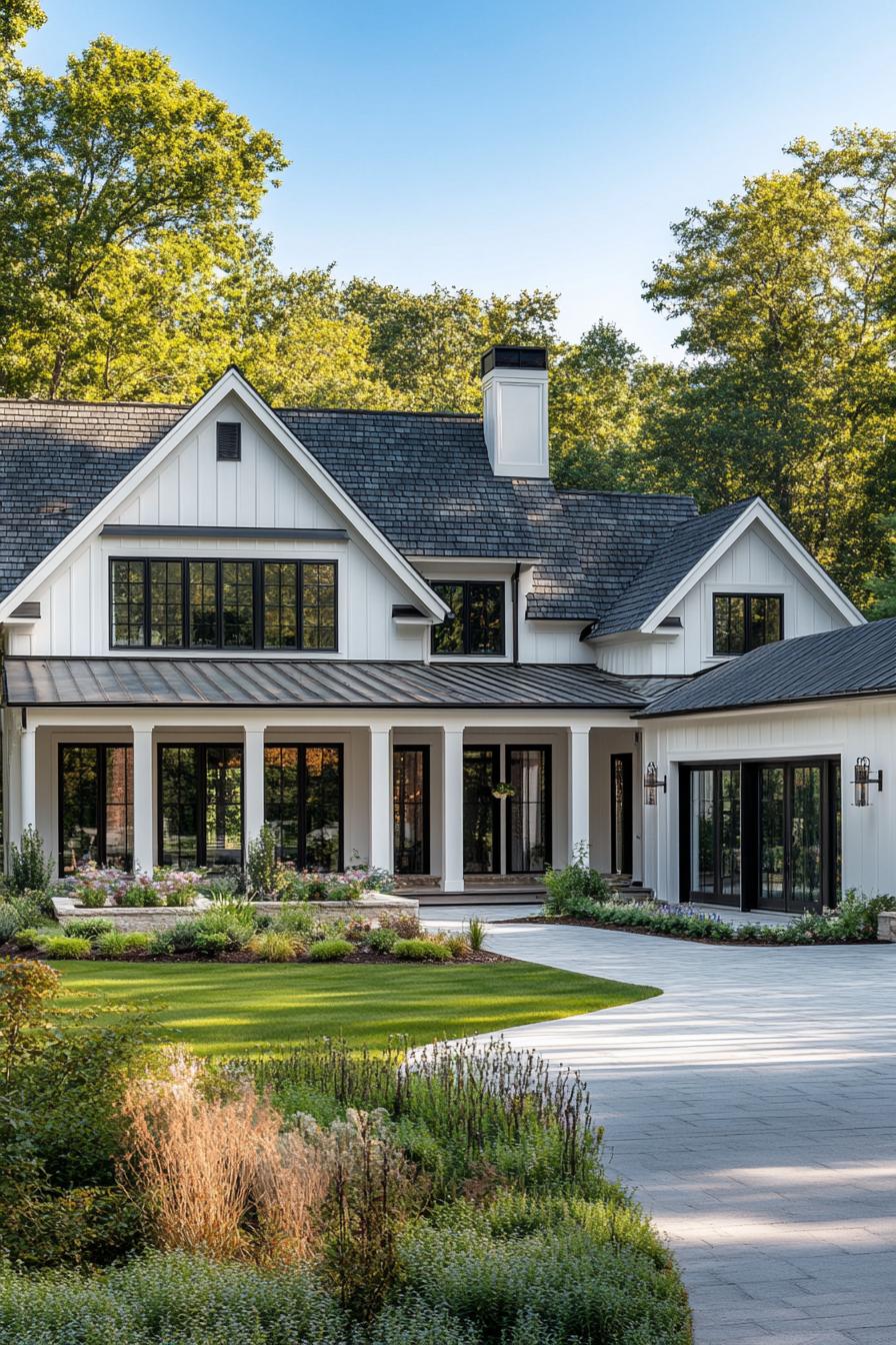 modern L shaped large farmhouse in white board and batten siding black shingled multi pitched roof with gambrels large porch with columns modern 3