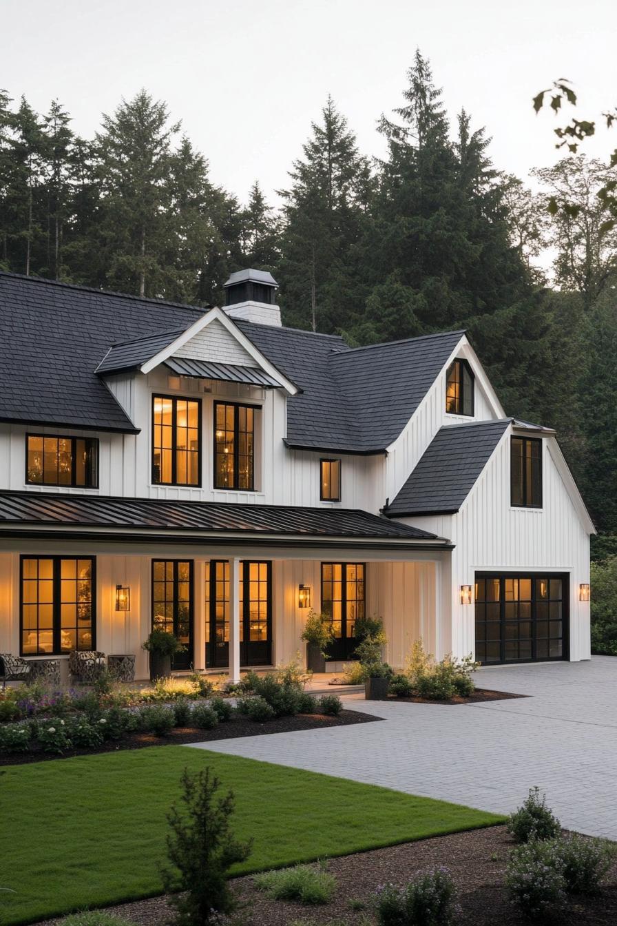 modern L shaped large farmhouse in white board and batten siding black shingled multi pitched roof with gambrels large porch with columns modern