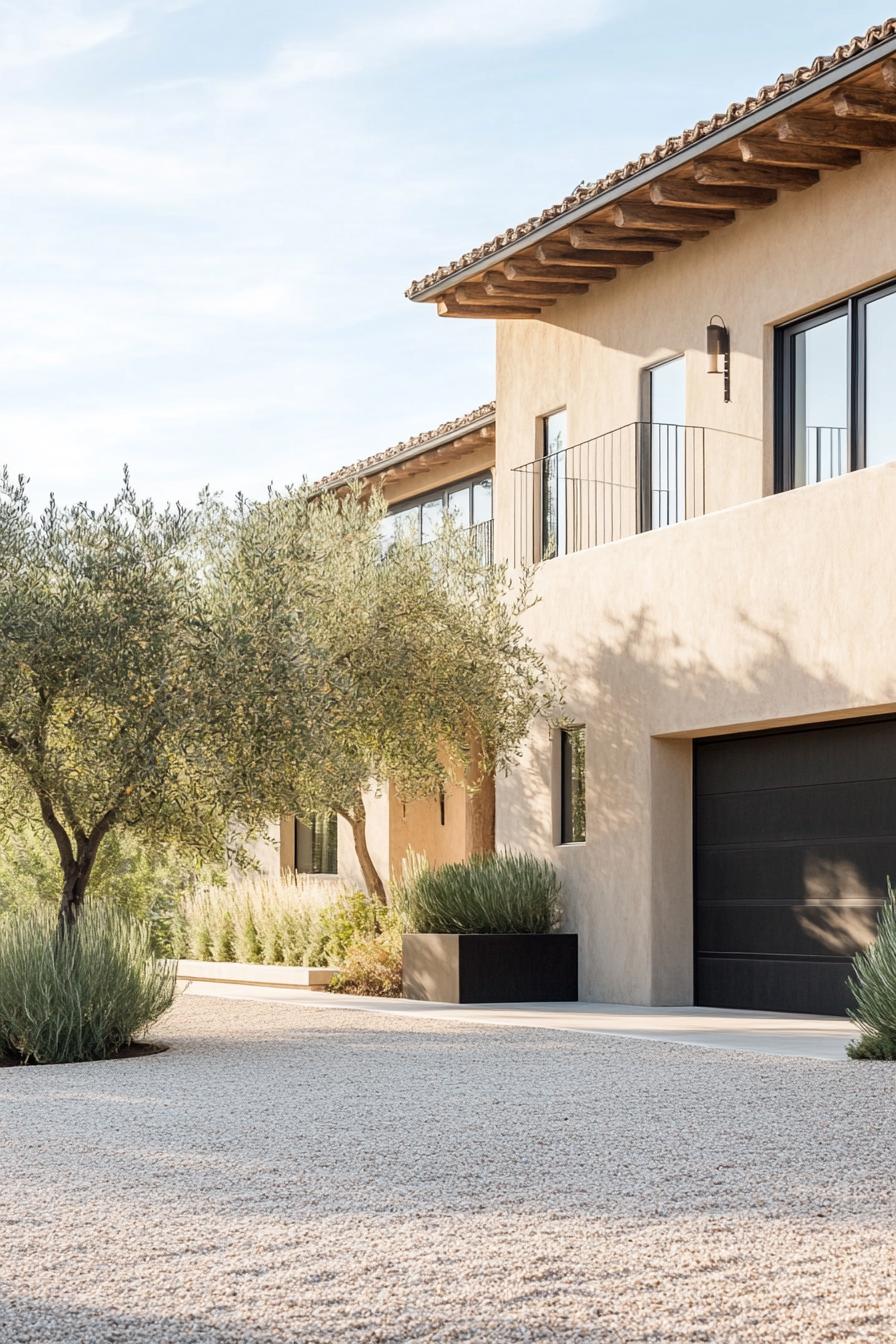 modern Tuscan mediterranean house earthy toned stucco facade with modern garage and gravel driveway lined with olive trees 1