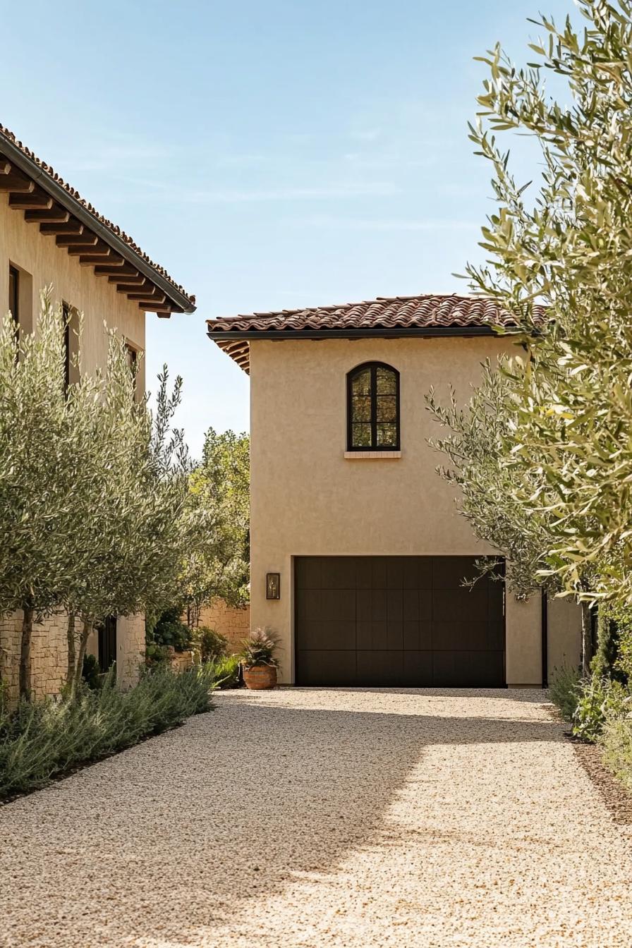 modern Tuscan mediterranean house earthy toned stucco facade with modern garage and gravel driveway lined with olive trees 2