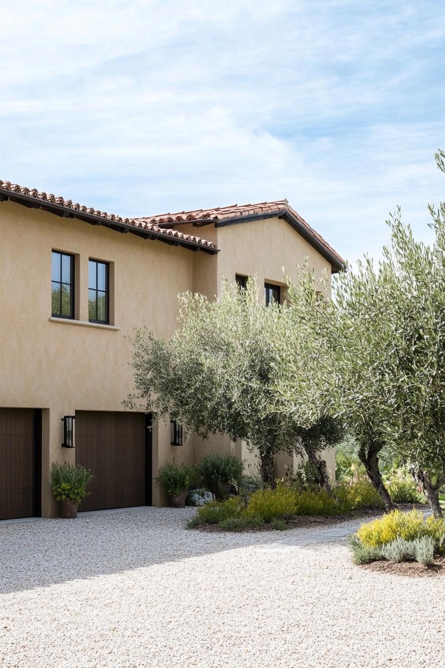 modern Tuscan mediterranean house earthy toned stucco facade with modern garage and gravel driveway lined with olive trees 3