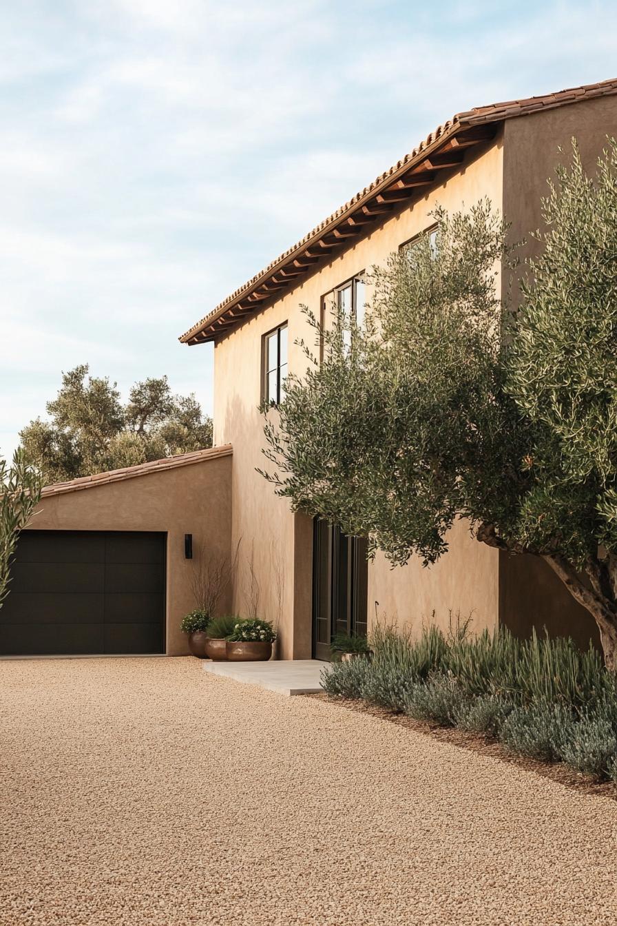 modern Tuscan mediterranean house earthy toned stucco facade with modern garage and gravel driveway lined with olive trees