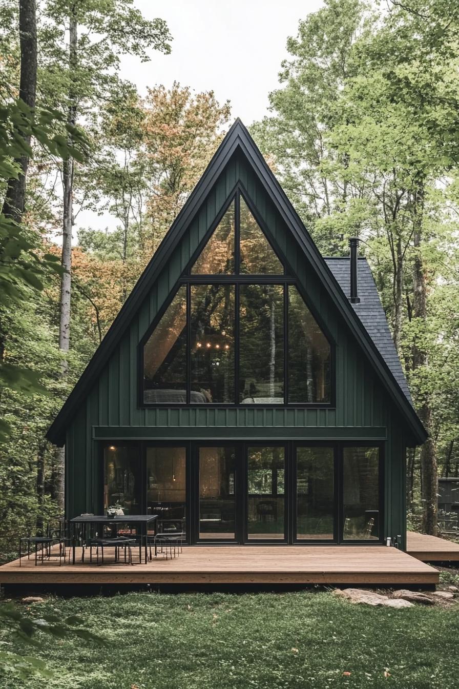 modern a frame cabin in deep dark green board and batten siding black roof natural wood front deck full wall glass windows and doors forest 1