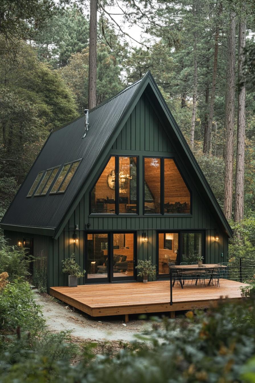 modern a frame cabin in deep dark green board and batten siding black roof natural wood front deck full wall glass windows and doors forest 2