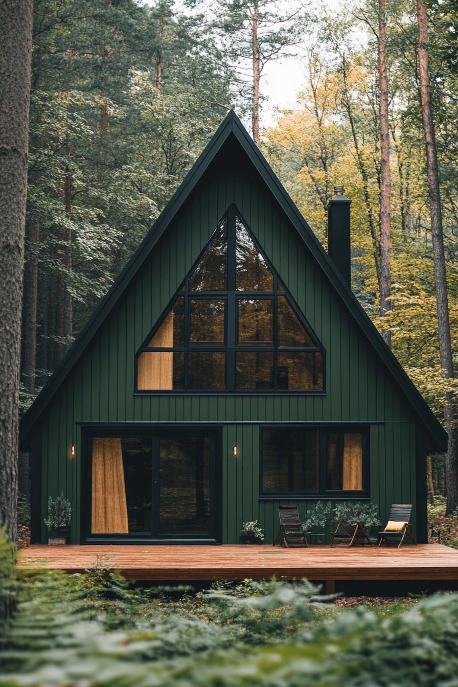 modern a frame cabin in deep dark green board and batten siding black roof natural wood front deck full wall glass windows and doors forest 3