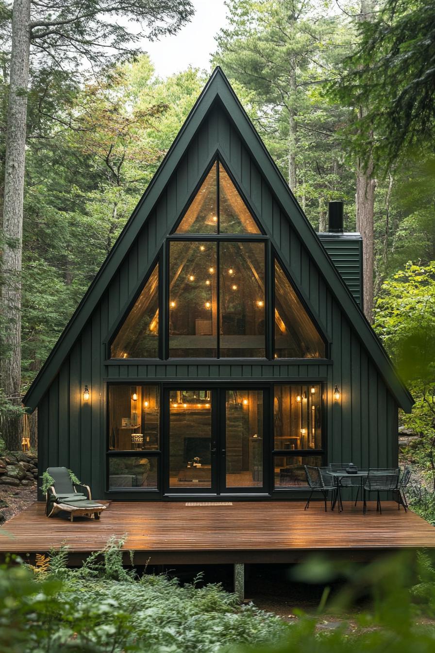 modern a frame cabin in deep dark green board and batten siding black roof natural wood front deck full wall glass windows and doors forest