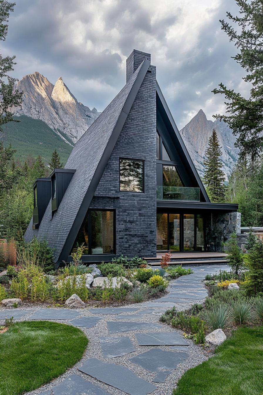 modern a frame mountain house facade with deep grey brick veneer siding ebony wood accents stone paved pathway native landscaping Scandinavian 1