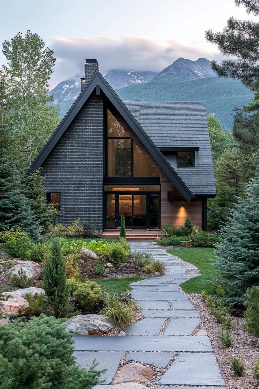 modern a frame mountain house facade with deep grey brick veneer siding ebony wood accents stone paved pathway native landscaping Scandinavian 2