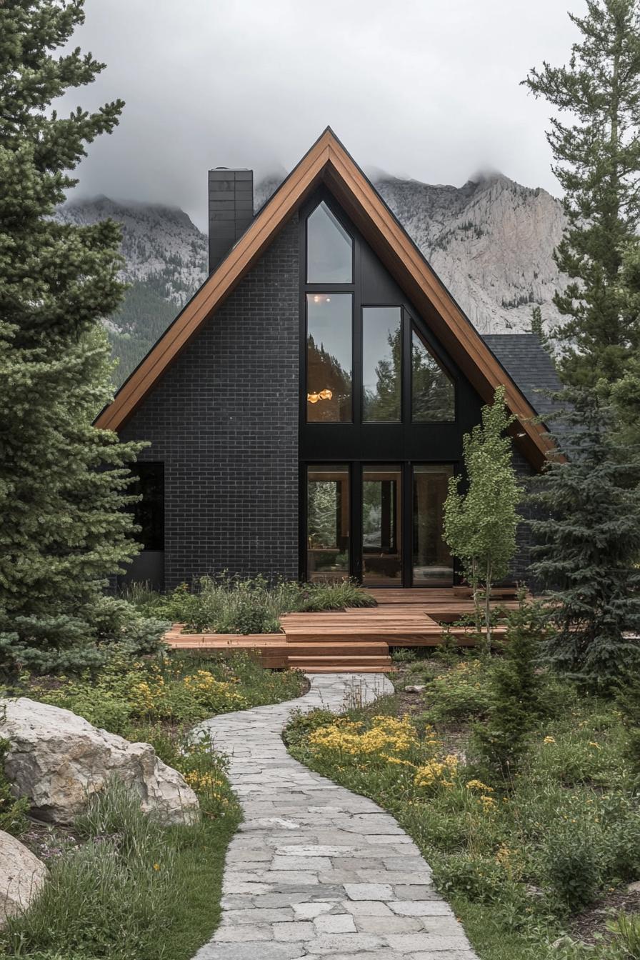 modern a frame mountain house facade with deep grey brick veneer siding ebony wood accents stone paved pathway native landscaping Scandinavian 3