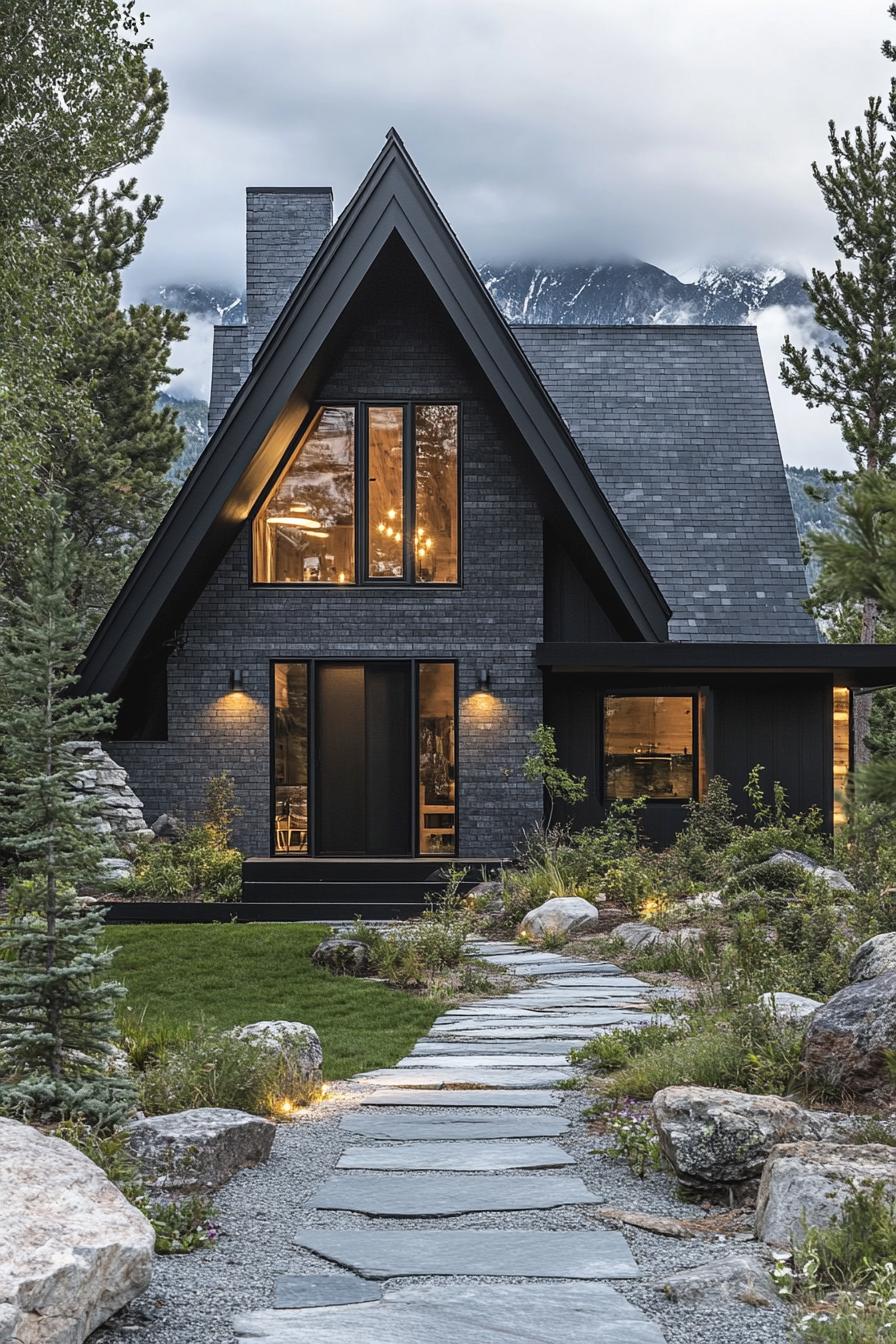 modern a frame mountain house facade with deep grey brick veneer siding ebony wood accents stone paved pathway native landscaping Scandinavian