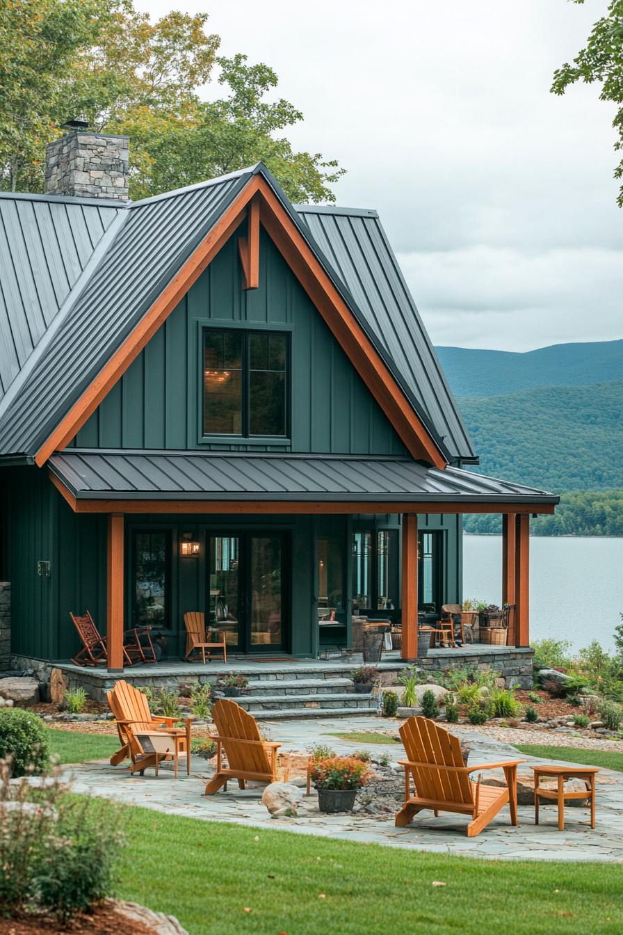 modern a frame mountain house with teal green siding rustic beam porch columns multi pitched grey roof front yard paved in stone with adirondack 1