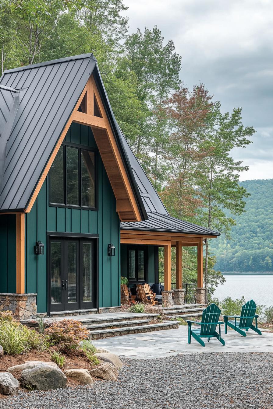 modern a frame mountain house with teal green siding rustic beam porch columns multi pitched grey roof front yard paved in stone with adirondack 2