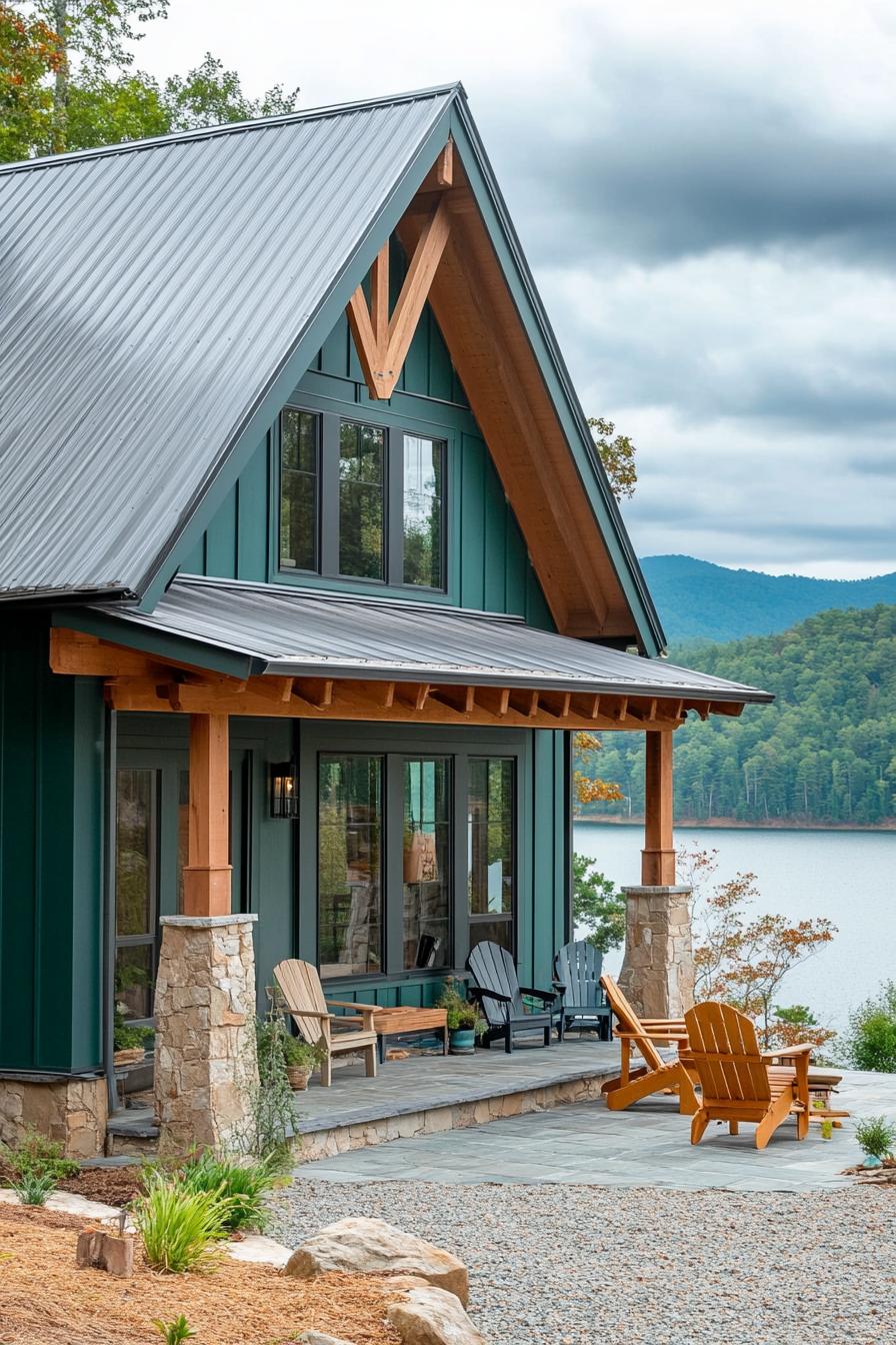 modern a frame mountain house with teal green siding rustic beam porch columns multi pitched grey roof front yard paved in stone with adirondack 3