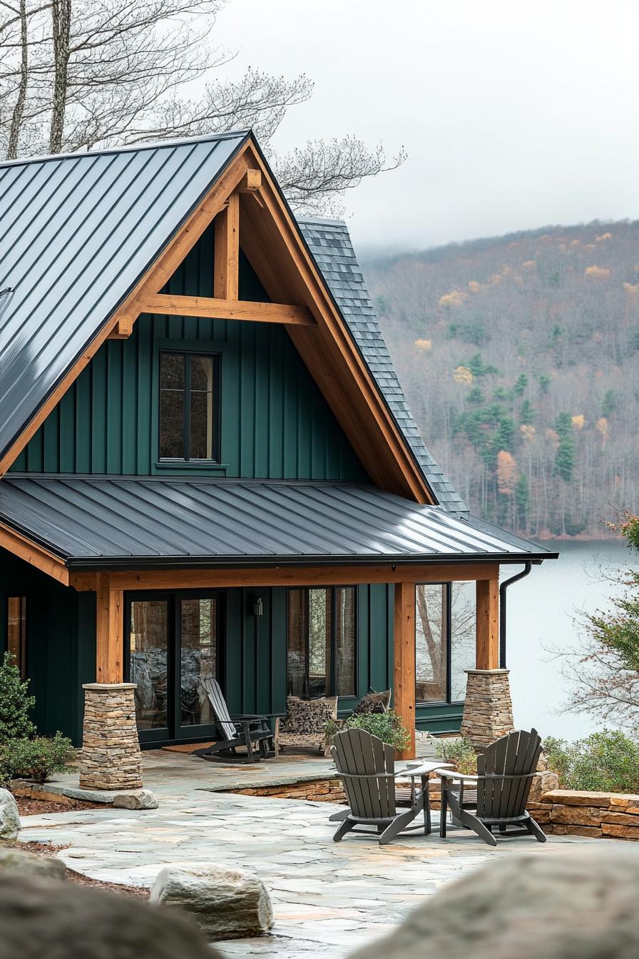 modern a frame mountain house with teal green siding rustic beam porch columns multi pitched grey roof front yard paved in stone with adirondack