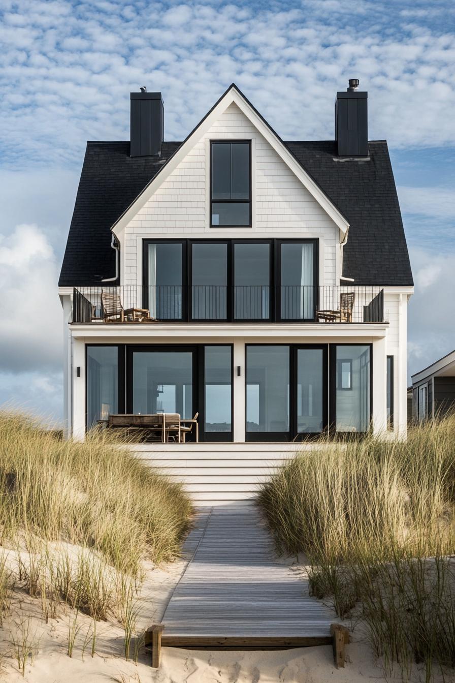 modern beachfront house with white siding and black roof mdoern large windows terrace view from the ocean sandy bach in front 1