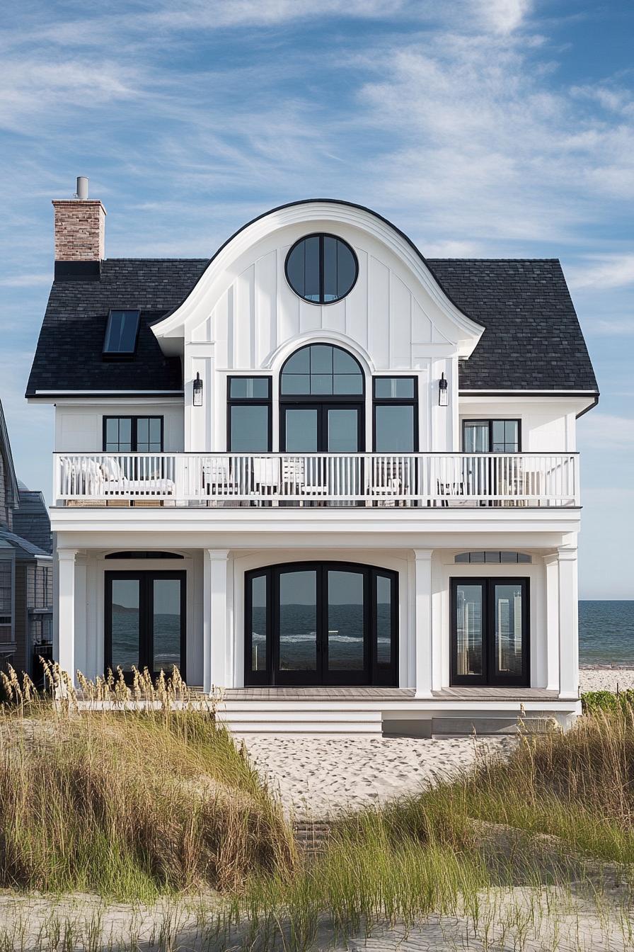 modern beachfront house with white siding and black roof mdoern large windows terrace view from the ocean sandy bach in front