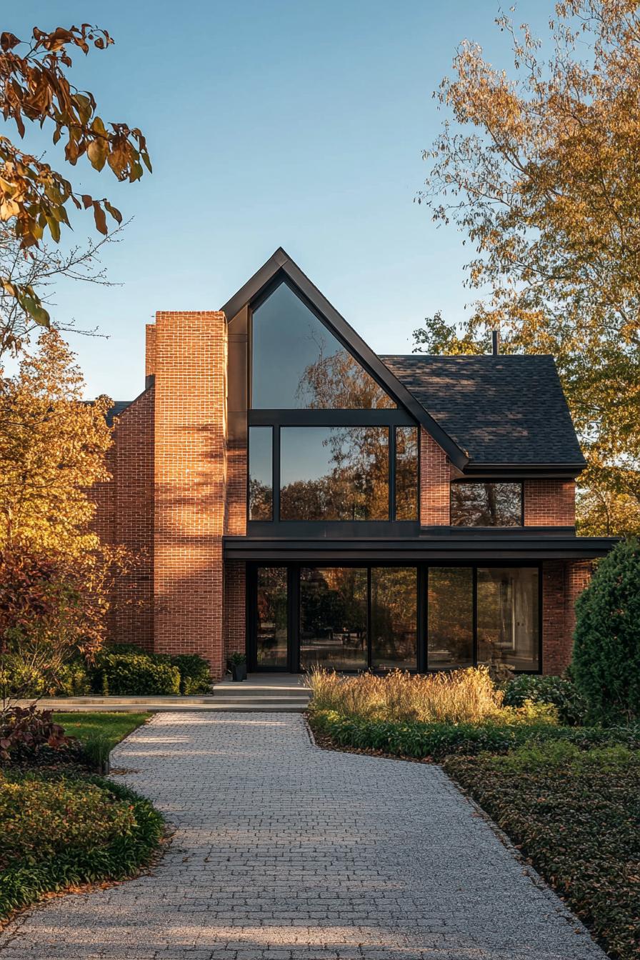 modern brick house with multi pitched cottage roof classic landscape 1