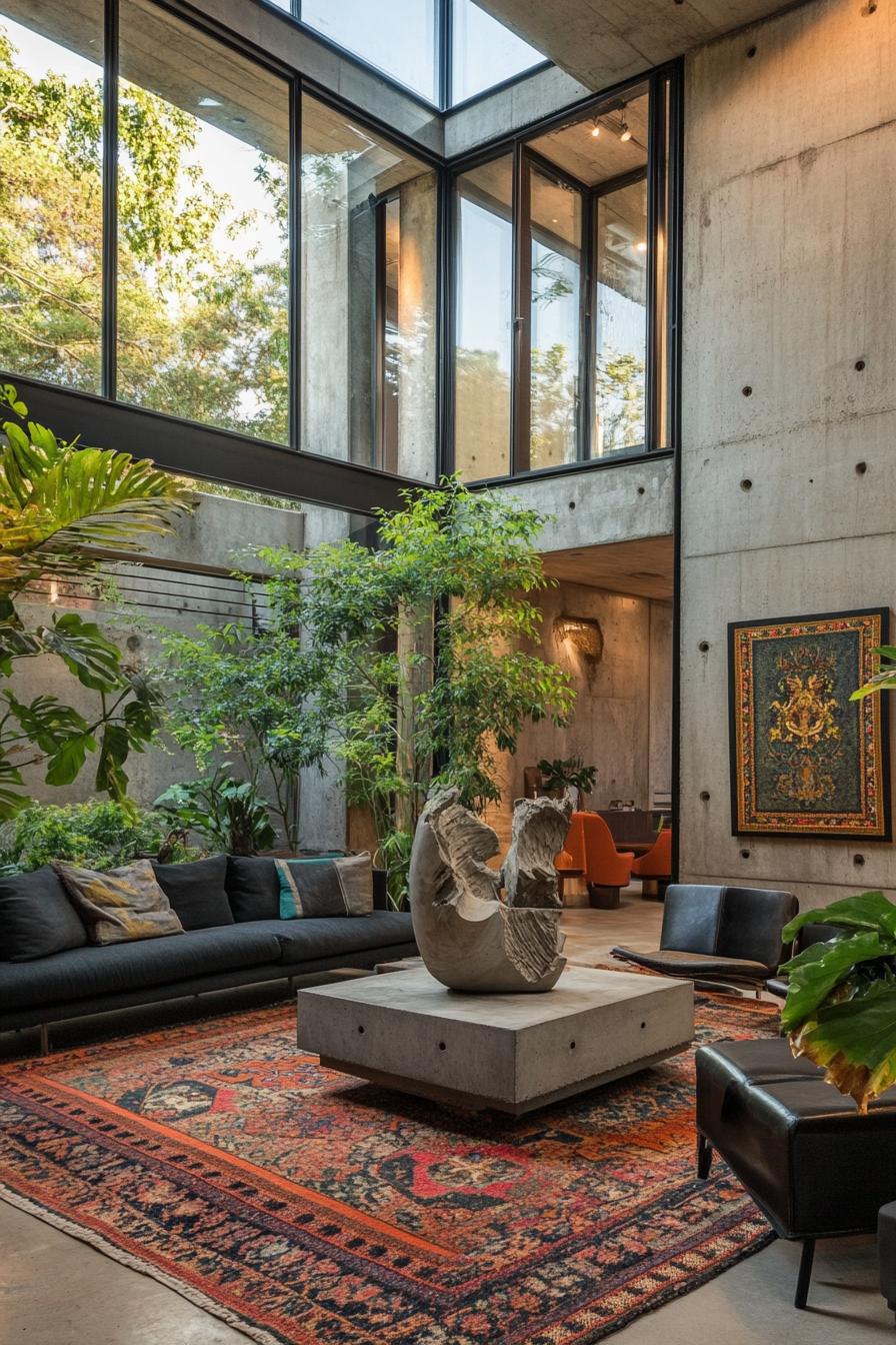 modern concrete house indoor courtyard with concrete art sculpture potted plants artistic coffee table area rug modern seating large windows with 2