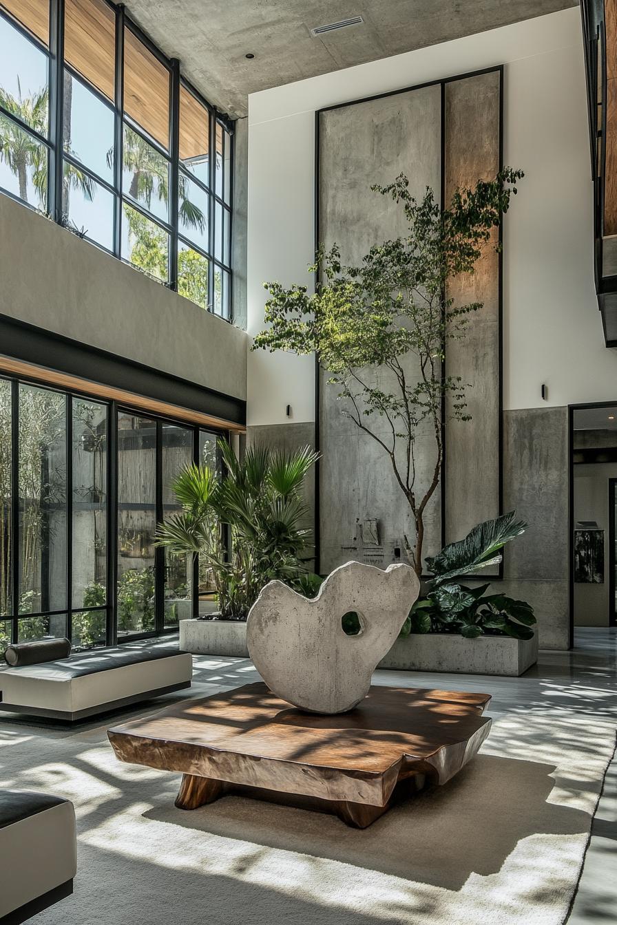 modern concrete house indoor courtyard with concrete art sculpture potted plants artistic coffee table area rug modern seating large windows with