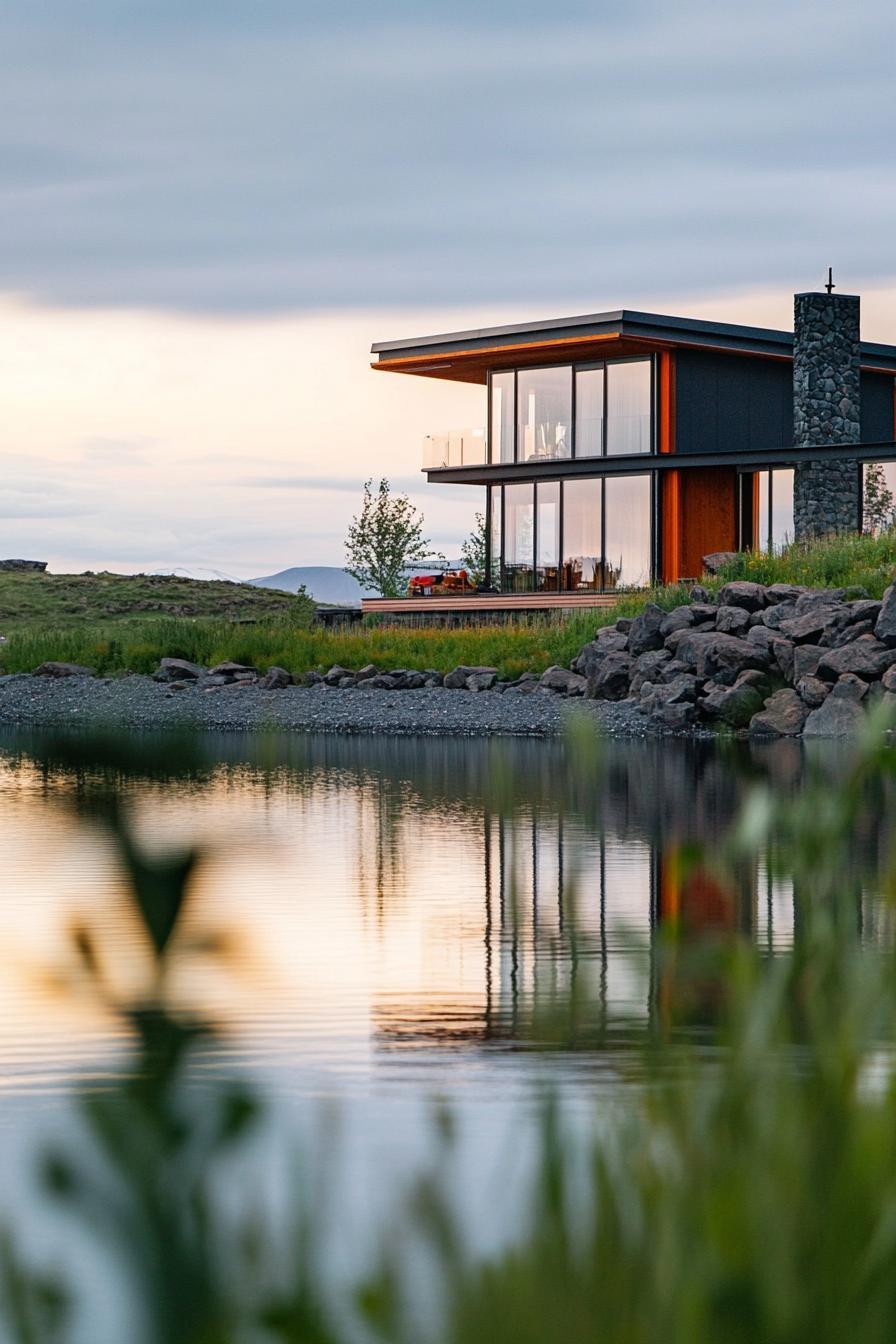 modern cottage house on a shore of a stunning Icelandic lake