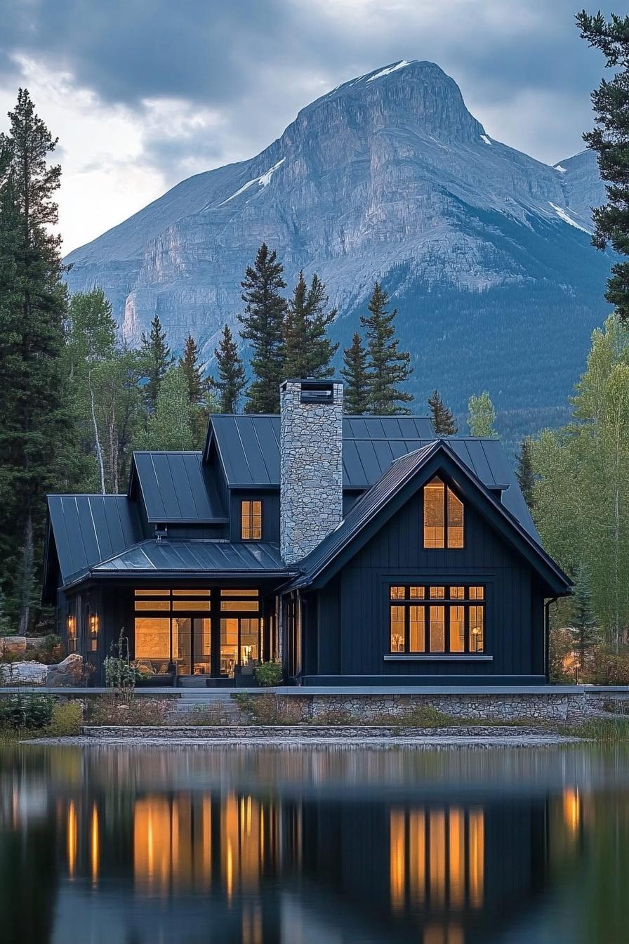 modern cottage style mountain house facade with black siding with silver trim chimney metal roof lake in front with the reflection of the house imposing mountain in the background 1