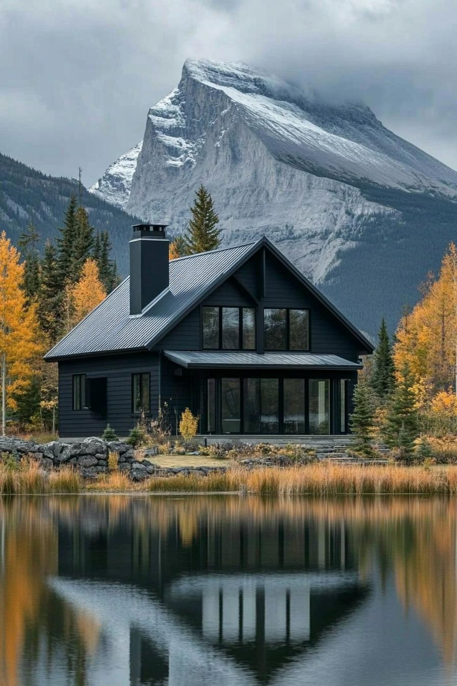 modern cottage style mountain house facade with black siding with silver trim chimney metal roof lake in front with the reflection of the house imposing mountain in the background 2