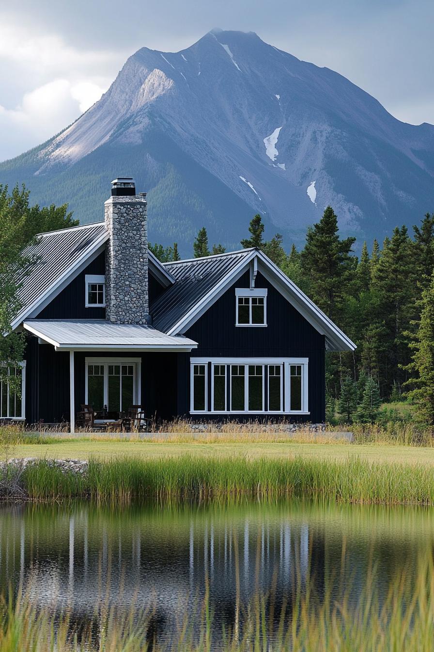 modern cottage style mountain house facade with black siding with silver trim chimney metal roof lake in front with the reflection of the house imposing mountain in the background 3