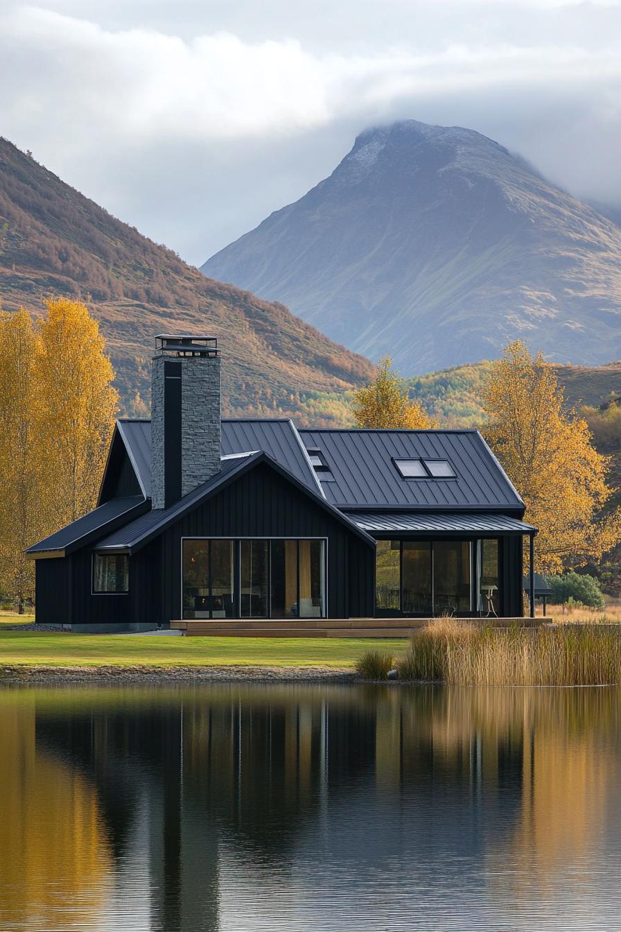 modern cottage style mountain house facade with black siding with silver trim chimney metal roof lake in front with the reflection of the house imposing mountain in the background